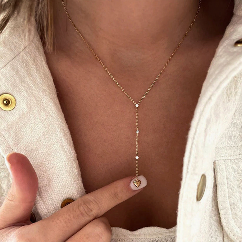 Heart Drop Diamond Lariat Necklace - Gold